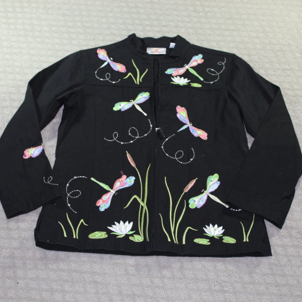 NWOT Quacker Factory Size XS Black Cotton Dragonfly Embroidered Jacket